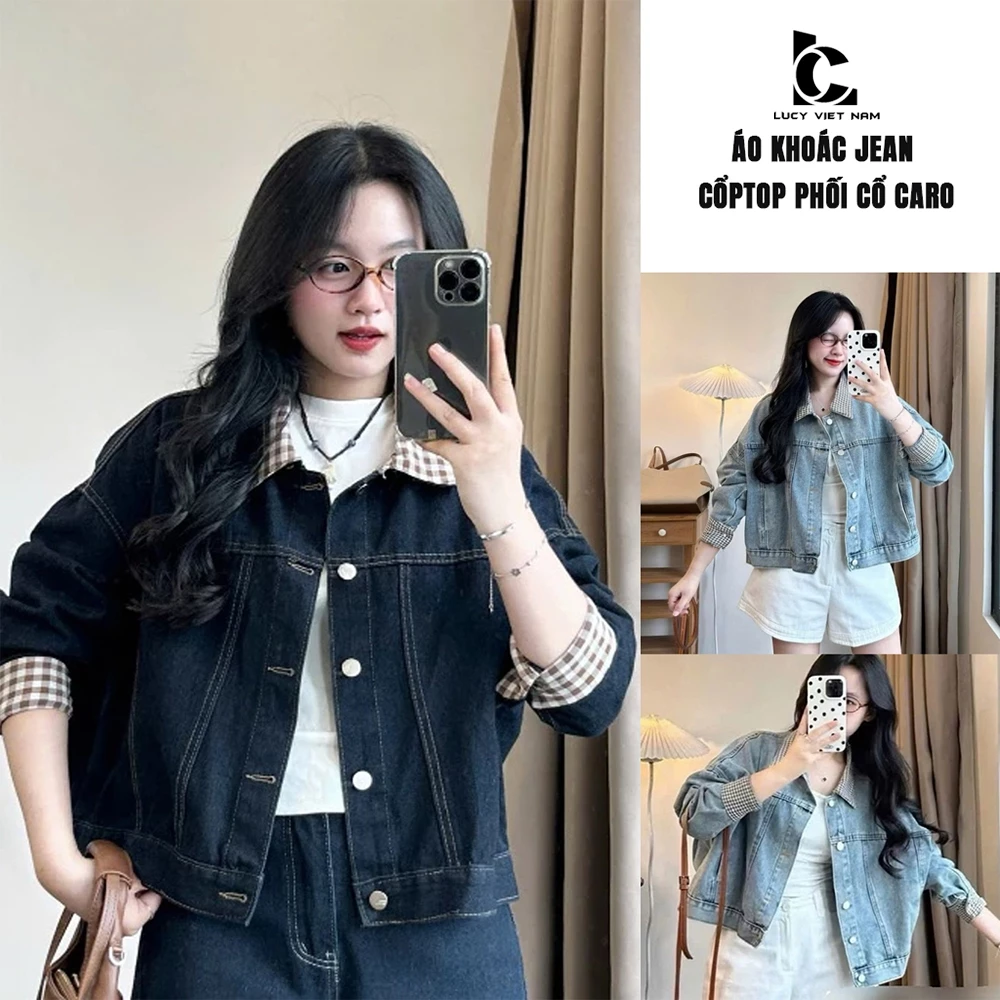Áo Khoác Jean Nữ Form Rộng AVO AVOCADO Phối Cổ Caro Tay Dài Denim Xanh Than Nút Kim Loại Cá Tính