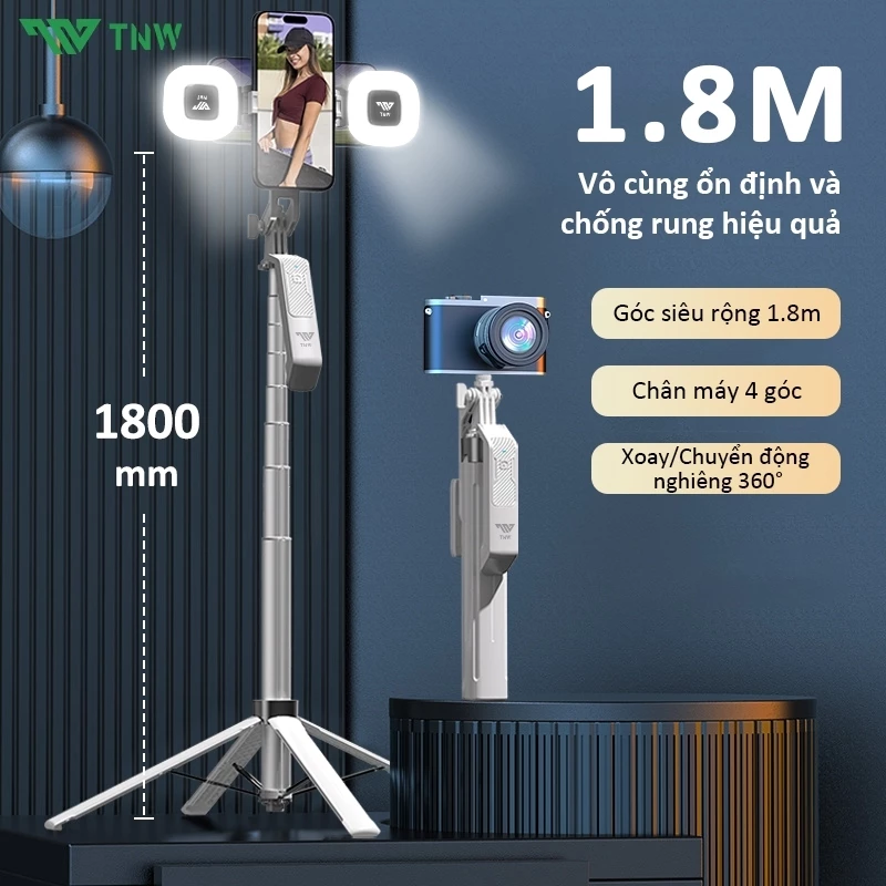 TNW S30 Gậy Chụp Ảnh 4 Chân Có Đèn Led Dài 1m8,Chụp Ảnh Từ Xa Bluetooth,quay hình video selfie livestream