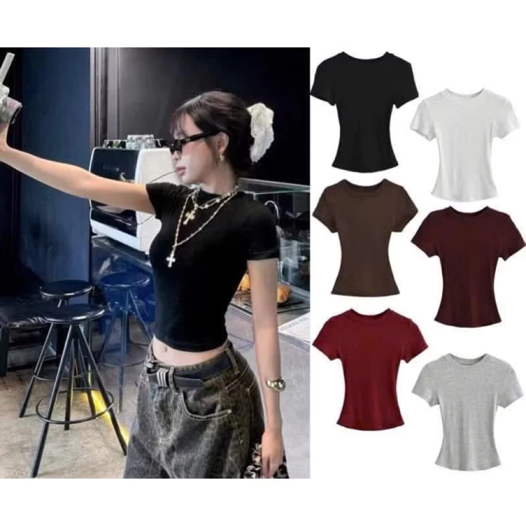 [Kèm Quần Short] Áo thun cổ tròn chất thun gân tăm form ôm Babytee kiểu dáng thắt eo co giãn thoải mái