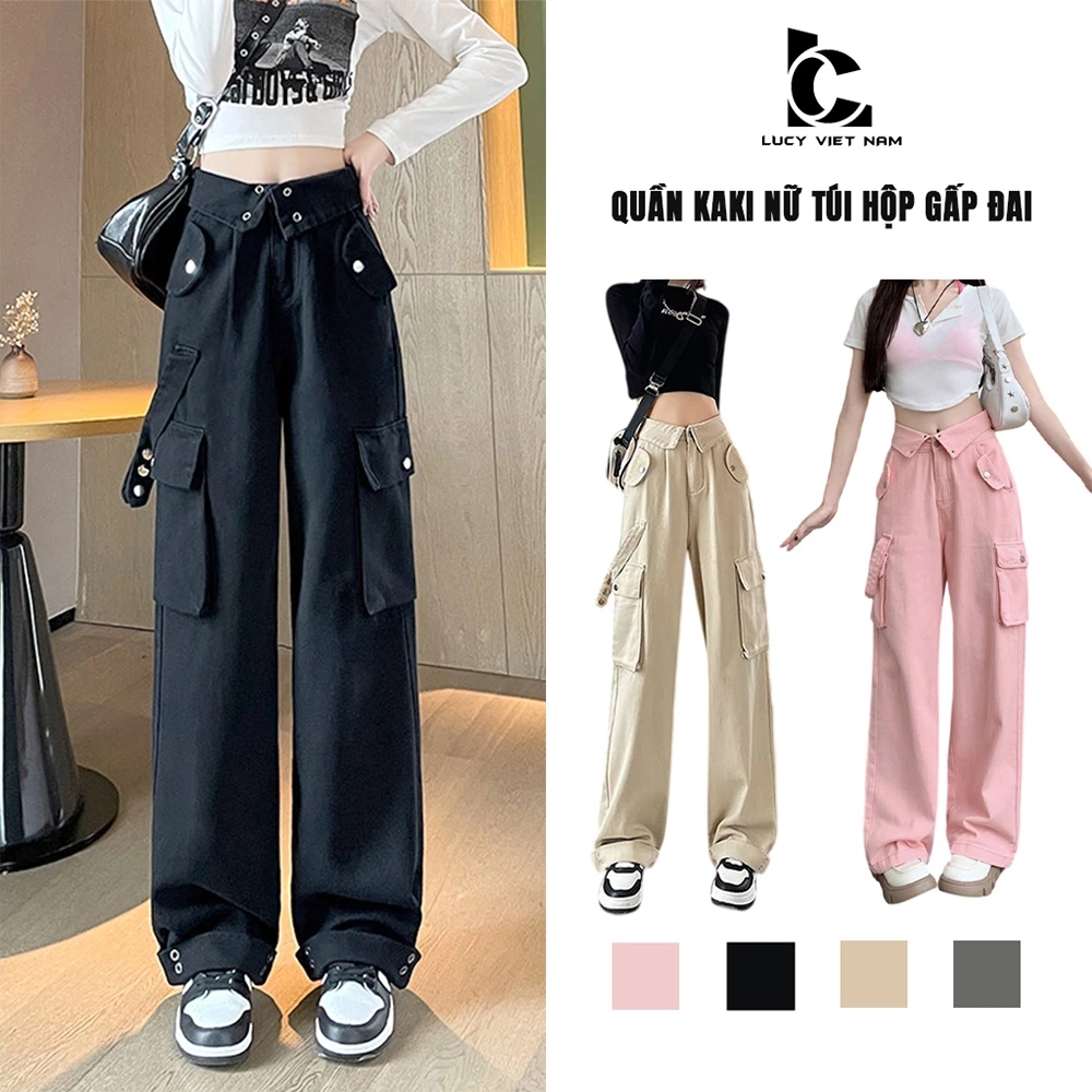 Quần Kaki Túi Hộp Nữ Gấp Đai AVO AVOCADO Cargo Pants Ống Rộng Lưng Cao Màu Đen Phong Cách Streetwear Cá Tính