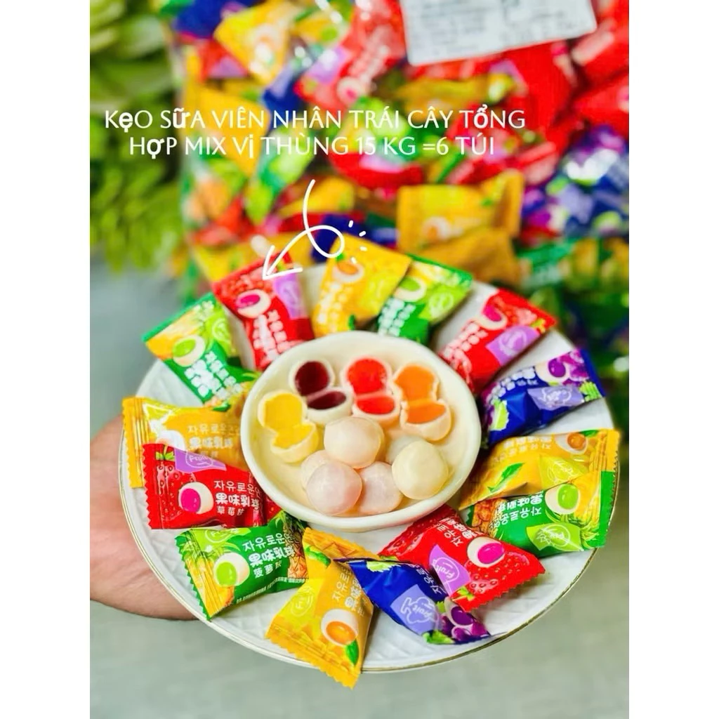 500gam kẹo dẻo trái cây trân châu,kẹo sữa nhân trái cây mix vị