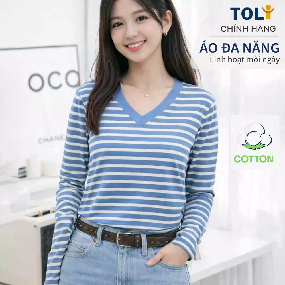 Áo thun nữ tay dài cổ V TOLI LHV32 – Form vừa dáng, Sọc ngang, Vải cotton co giãn 4 chiều mềm mịn