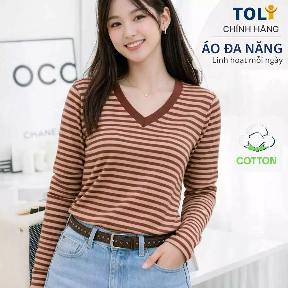 Áo thun nữ tay dài cổ V TOLI LHV30 – Form vừa dáng, Sọc ngang, Vải cotton co giãn 4 chiều mềm mịn
