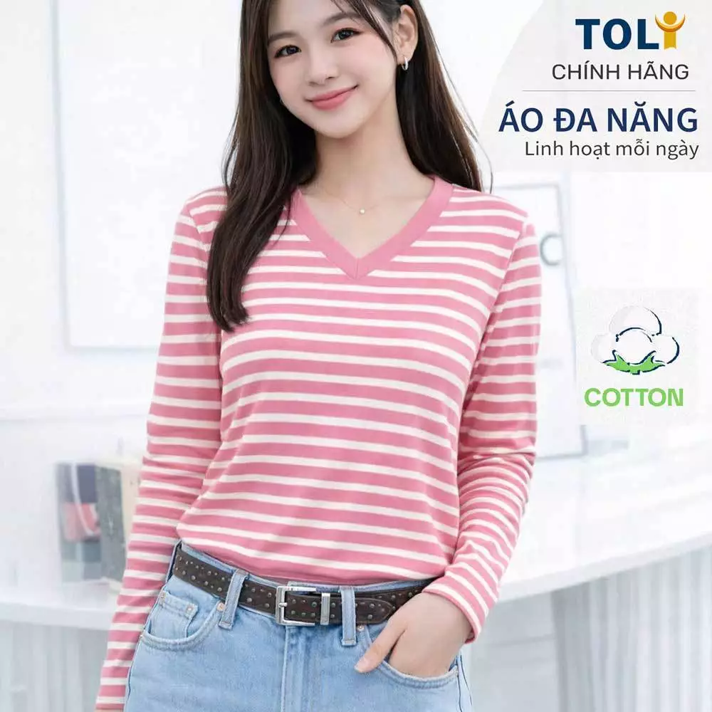 Áo thun nữ tay dài cổ V TOLI LHV33 – Form vừa dáng, Sọc ngang, Vải cotton co giãn 4 chiều mềm mịn
