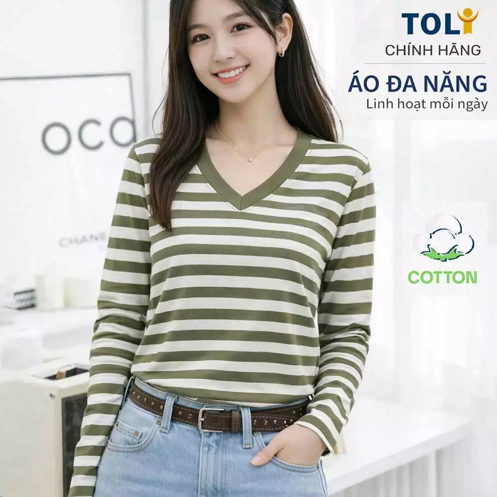 Áo thun nữ tay dài cổ V TOLI LHV82 – Form vừa dáng, Sọc ngang, Vải cotton co giãn 4 chiều mềm mịn