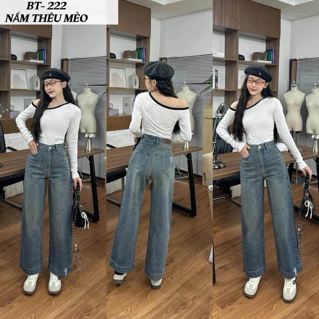 (Suông nấm lùn-95cm) Quần suông nấm thêu mèo chất jean mềm cao cấp, quần jean ống rộng