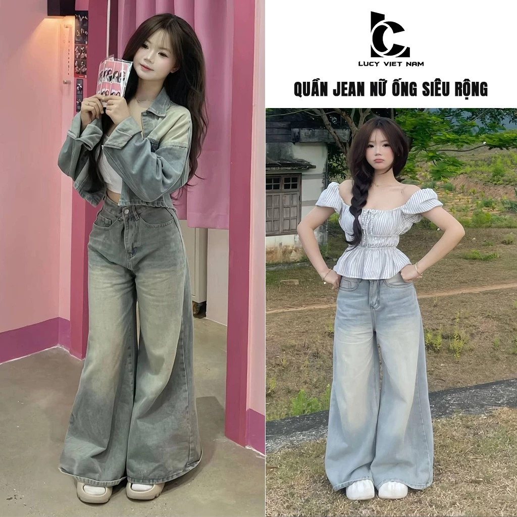 Quần Jean Nữ Ống Siêu Rộng 33cm AVO AVOCADO Màu Xanh Xám Wash Màu Cạp Cao From Nấm Lùn Phong Cách Hàn Quốc