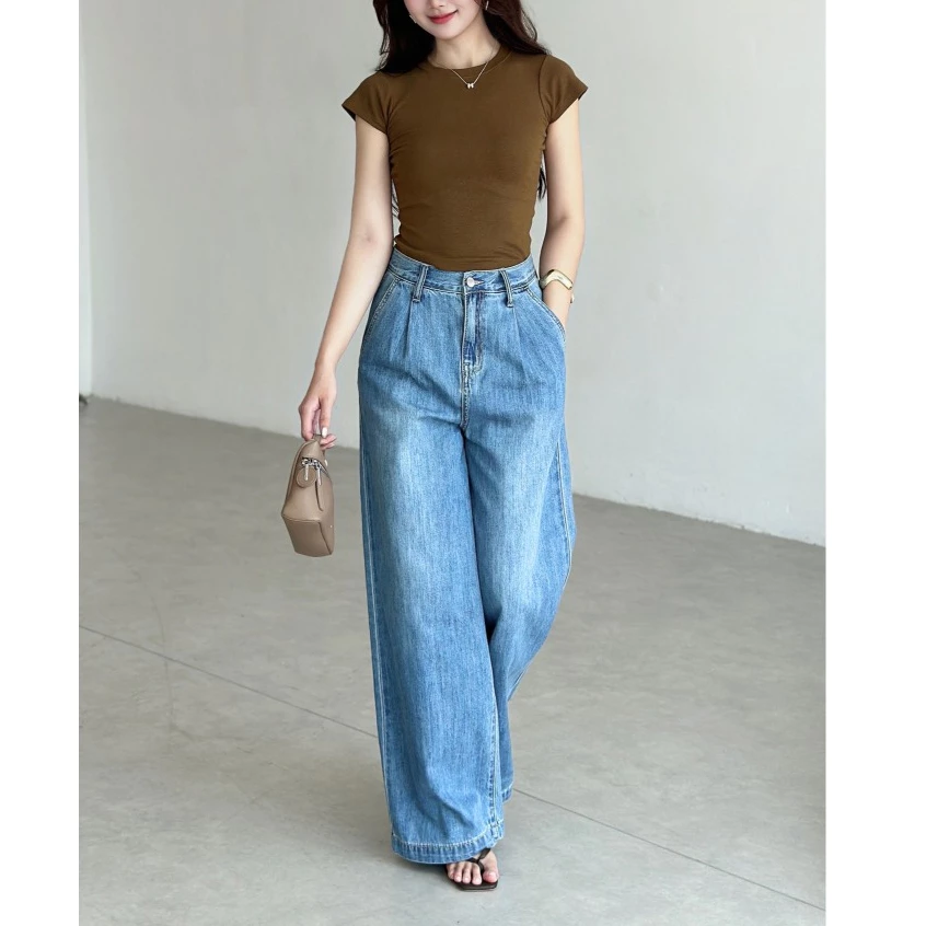 Quần Denim Ống Rộng Nữ RBL-02A, Jean Mềm Không Co Giãn, Túi Xéo, Màu Xanh Nhạt Wash Năng Động