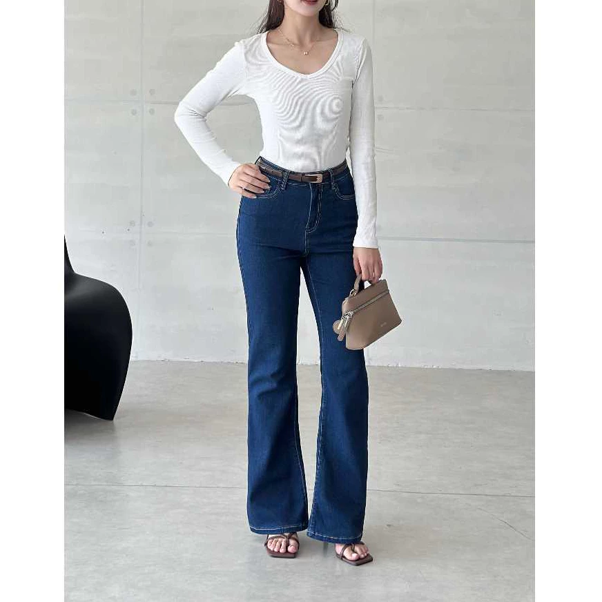 Quần Jean Loe Nữ REDE LOE-03A Ống Suông Loe, Lưng Cao, Co Giãn Xanh Đậm Trơn Cổ Điển Sang Trọng