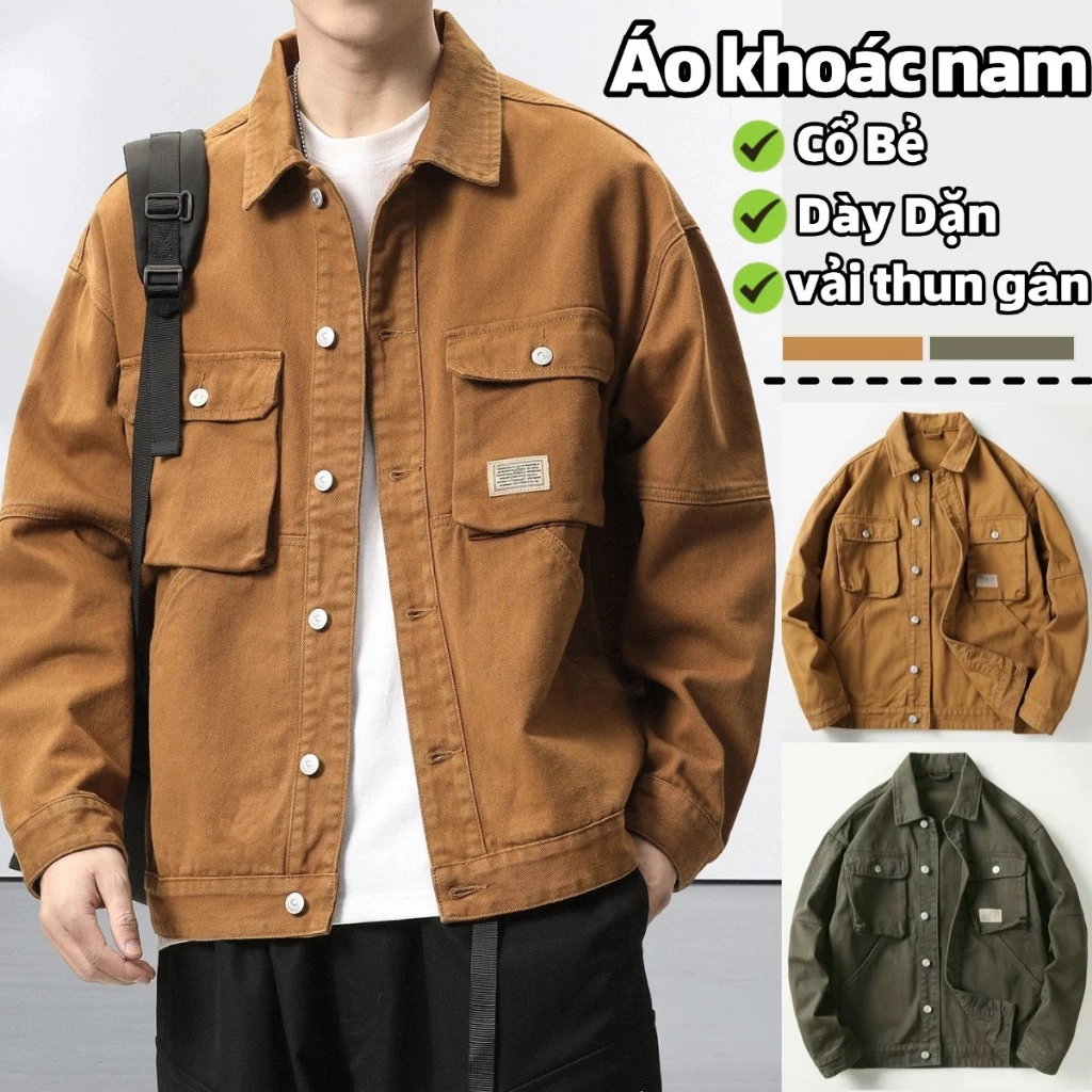 Áo khoác Jeans bò nam Áo khoác nam kaki cao cấp Unisex dày dặn form rộng cổ điển nhiều túi phong cách retro