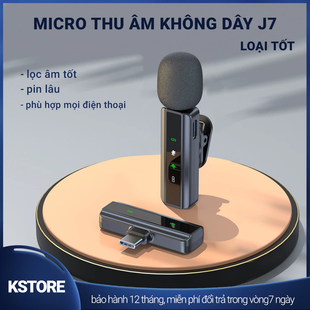 Mic Thu Âm Không Dây J7, Bật Tắt Lọc Ồn - Micro Ghi Âm Cài Áo, Quay Video, Làm Vlog ,Livestream