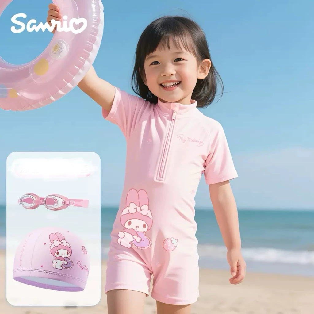 Đồ bơi cho bé gái KÈM MŨ Tukibaby sz 8-30kg hoạ tiết kuromi-cinnamorol dễ thương, bikini cho bé gái, đồ bơi bé gái