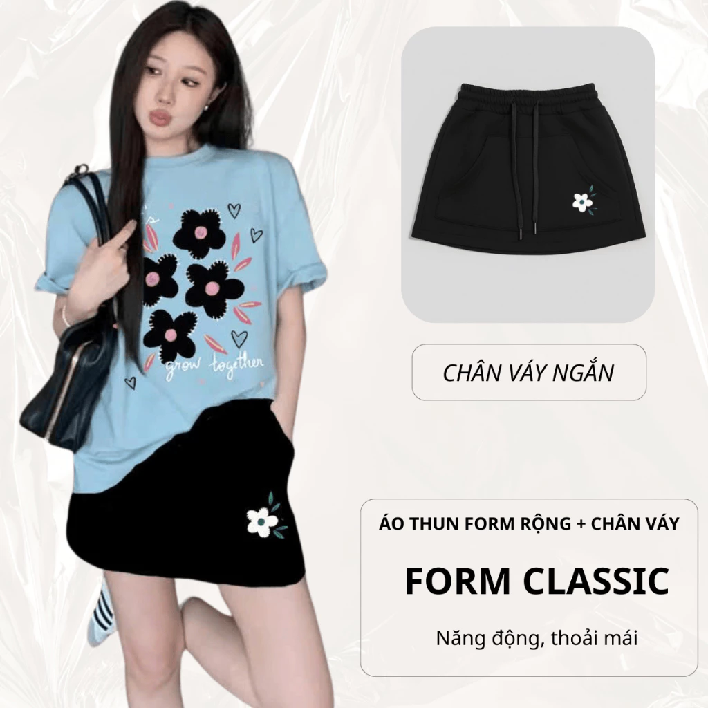 Set Bộ Áo Thun Nữ Form Rộng, Cổ Tròn, Phối Chân Váy Ngắn, In Hoa, Chất Cotton IN HOA ĐEN