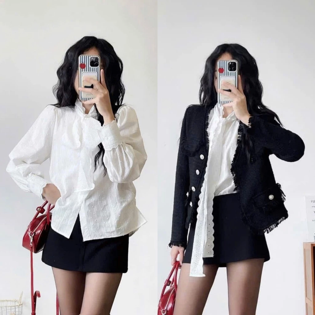 Áo sơ mi thô boil buộc nơ cổ, Áo trắng chất liệu dày dặn MUZA  A90