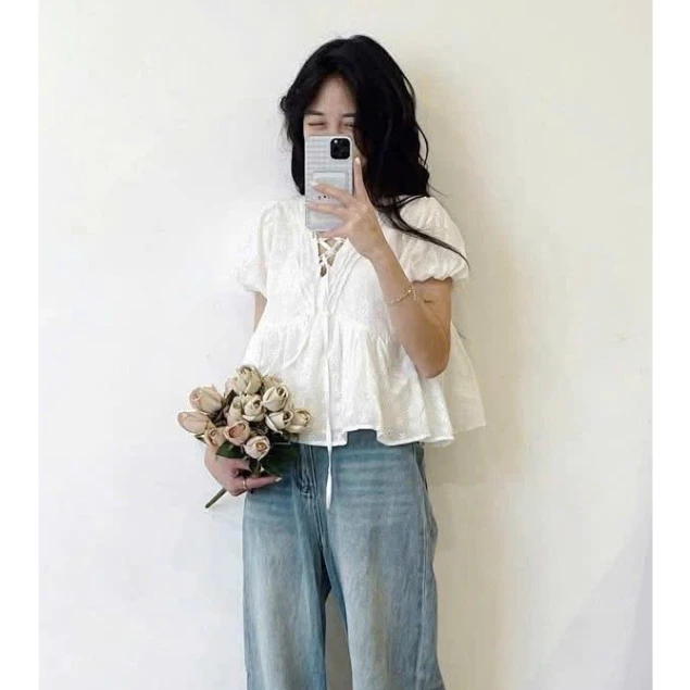 Áo babydoll buộc nơ cổ V phối tay bồng xinh xắn MUZA A91