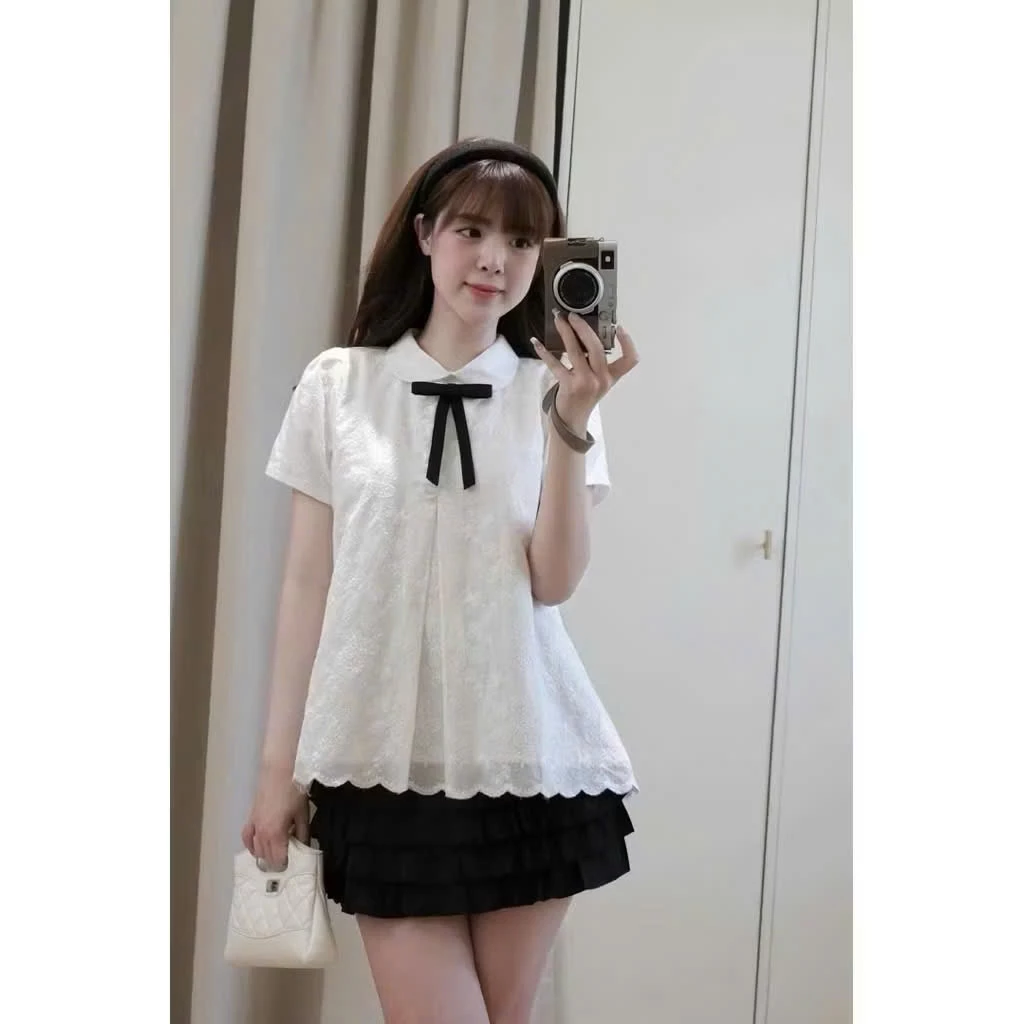 Áo babydoll cổ sen đính nơ cổ, Áo kiểu nữ vải ren tiểu thư MUZA A92