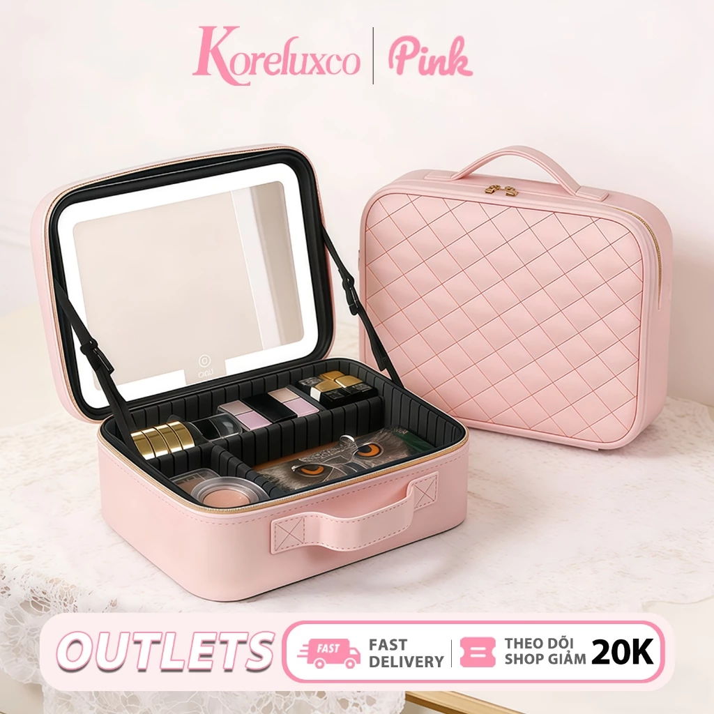 Koreluxco Túi Da Đựng Đồ Trang Điểm Cá Nhân Kèm Gương Đèn LED - Cốp Đựng Mỹ Phẩm Cầm Tay Có Gương