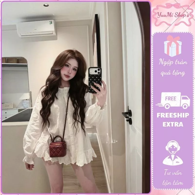 Áo kiểu nữ HCOM27057 babydoll trắng thêu hoa vintage, sơ mi form rộng bo thun cổ tay phối đuôi cá xòe nhẹ tiểu thư yuumi