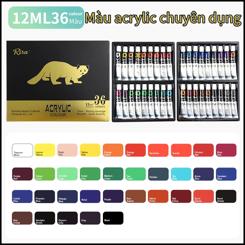 Bộ 36 màu sơn acrylic 5ml/12ml, không phai, vẽ vẽ tranh màu nước cho trẻ em, tạo họa tiết, pha màu