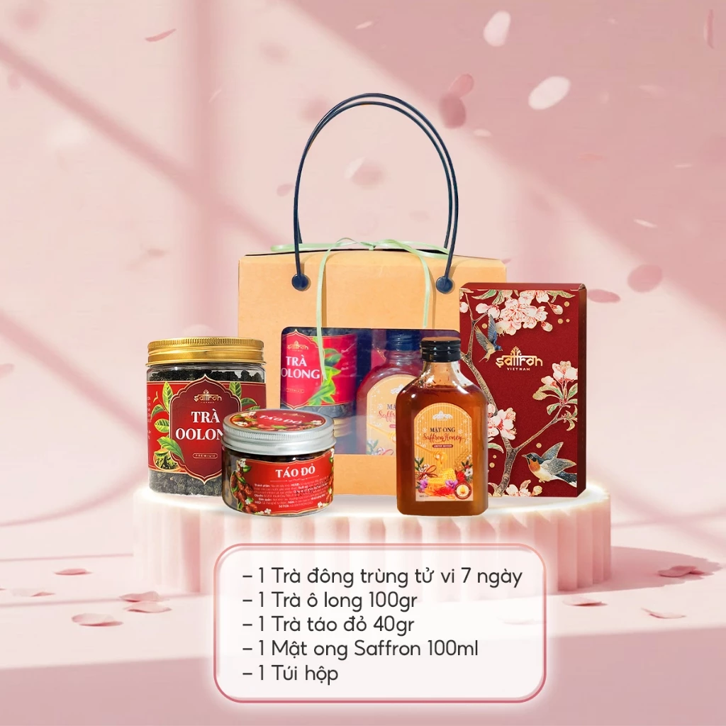 Set mật ong ngâm saffron cùng trà ô long và đông trùng tứ vị lịch sự, sang trọng