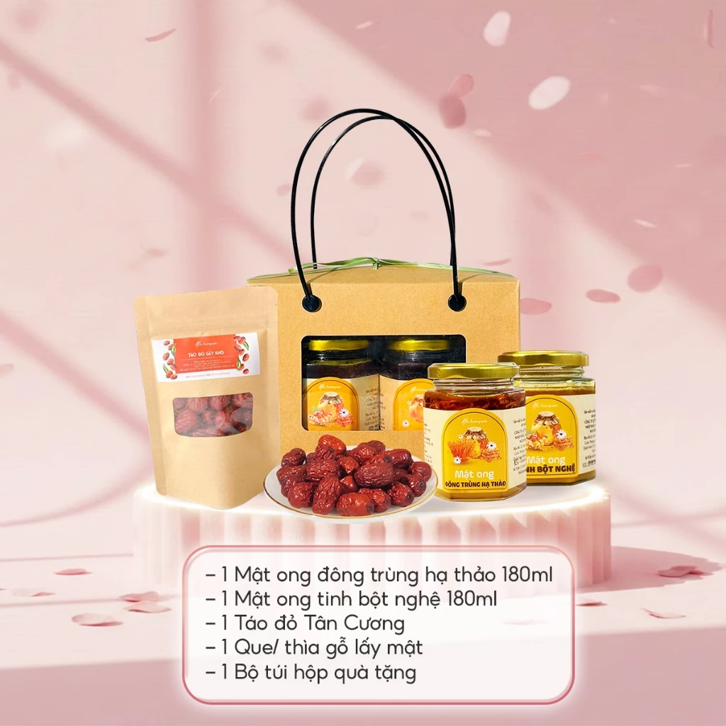 Set quà trung thu Mật Ong Thảo Dược Mộc Hương Sơn: Mật ong tinh bột nghệ, mật ong đông trùng kèm táo đỏ