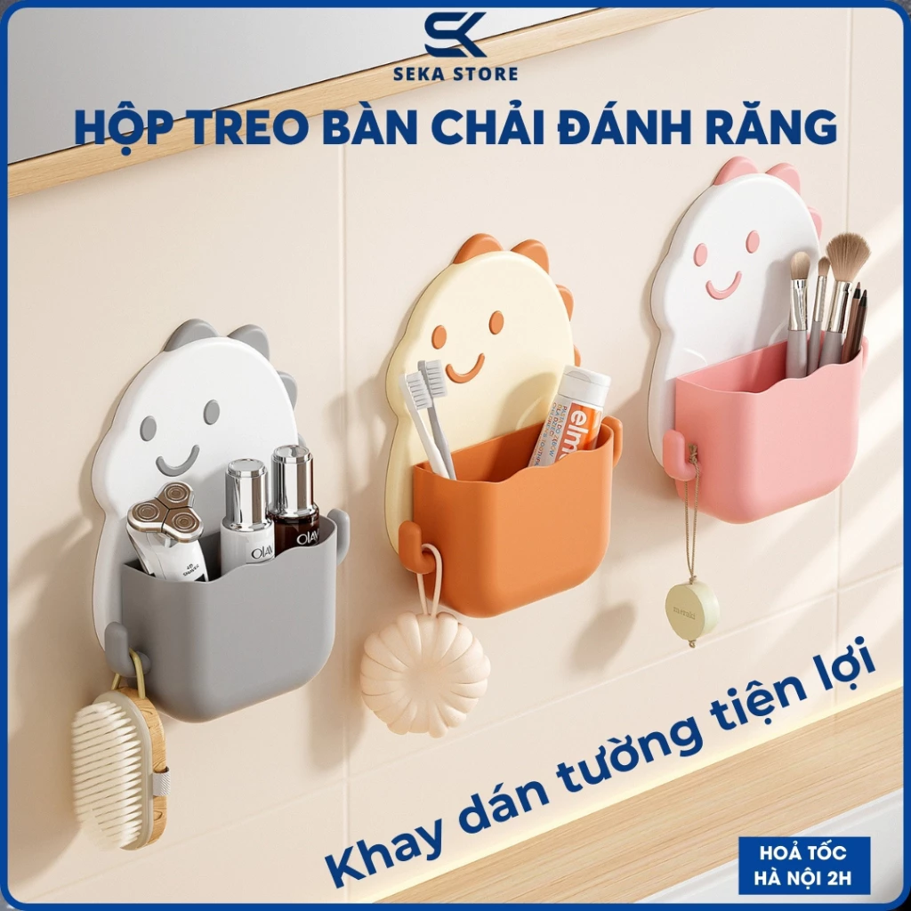 Hộp Đựng Bàn Chải Đánh Răng Dán Tường Hình Khủng Long Dễ Thương, Kệ Đựng Bàn Chải