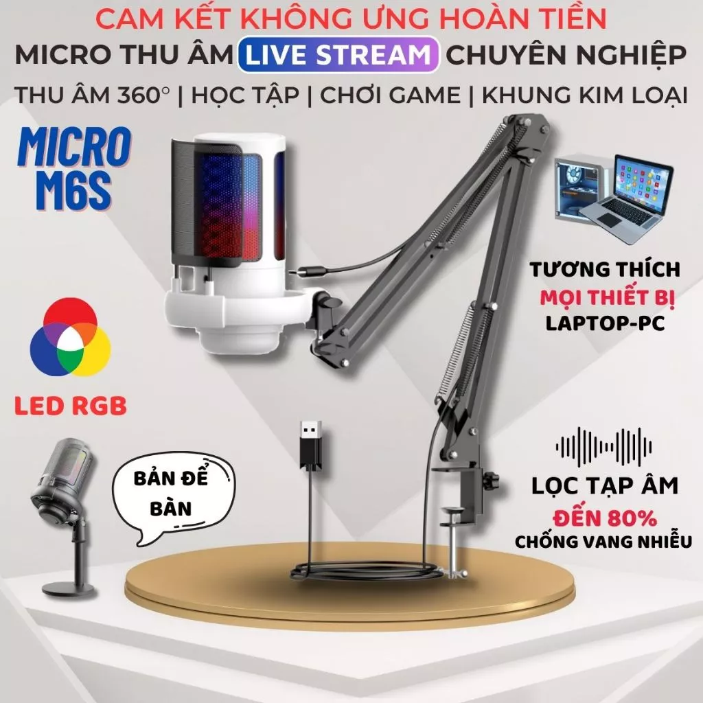 Micro Thu Âm Livestream Chuyên Nghiệp ShouFei ME6S Lọc Tạp Âm, LED RGB, Thu Âm 360° Cho PC Laptop