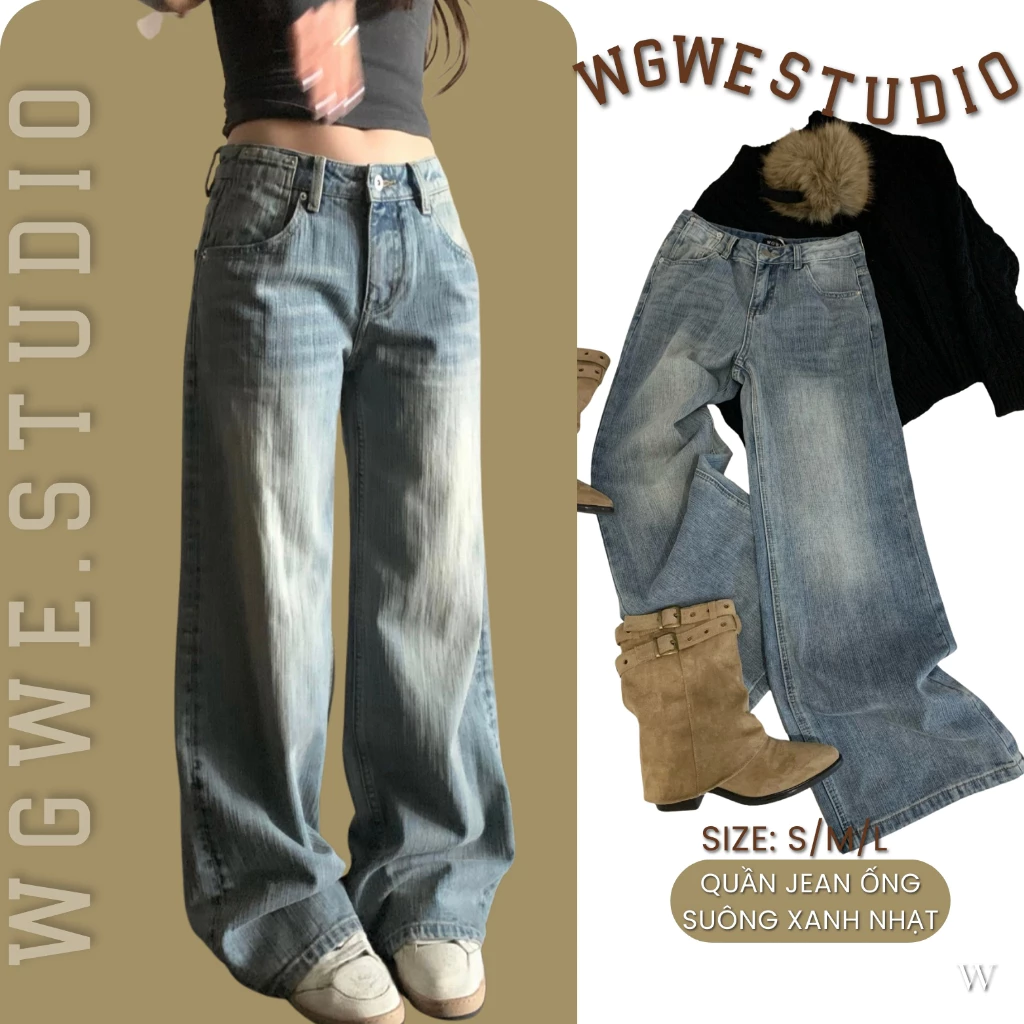 WGWE Studio Quần Jean Nữ Ống Suông – Form Rộng Lưng Cao Hack Dáng Phong Cách Hàn Quốc 8295