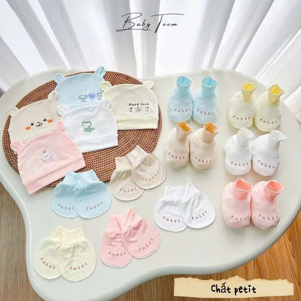 S3. Set Mũ + Bao Tay + Bao Chân Baby Toom embes Cho Bé Sơ Sinh 3-5kg, Chất Petit Mềm Mỏng Thoáng Mát Co Giãn