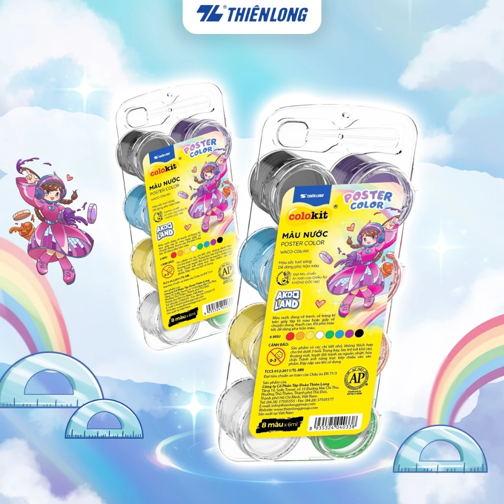 Vỉ 8 màu nước Thiên Long Colokit WACO-C06/AK - Dễ dàng pha trộn màu - Phiên bản Akooland