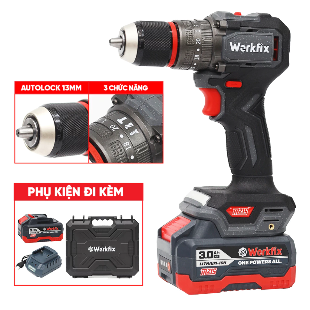 Máy khoan pin Workfix WF-ID1365F - Lực siêt 65N, 3 cấp độ Khoan Tường, Gỗ, Bắn Vít, Tôn - Máy khoan chạy pin đa năng