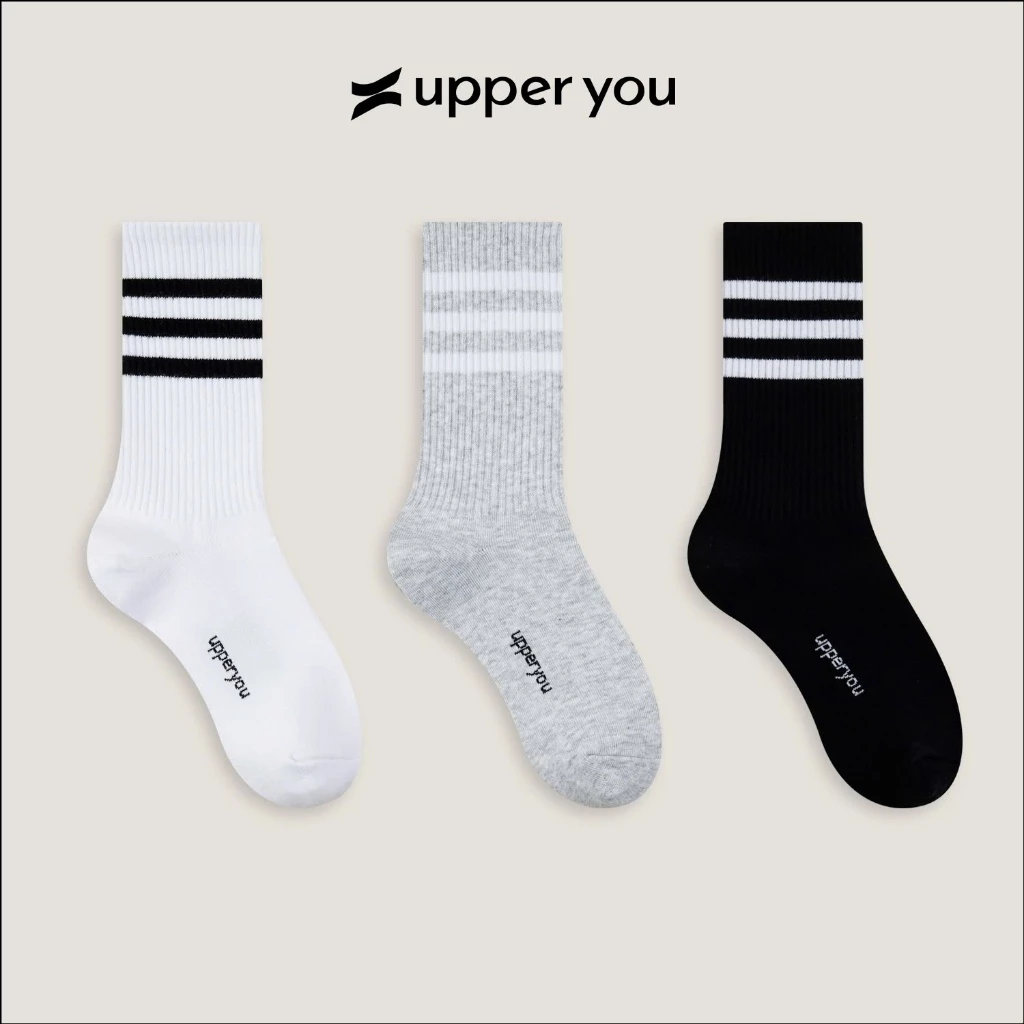 [Combo 3] Tất Vớ Cotton Nam Nữ UPPER YOU Cổ cao 3 Sọc Êm Ái Dày Dặn Thoáng Khí - BSF4003
