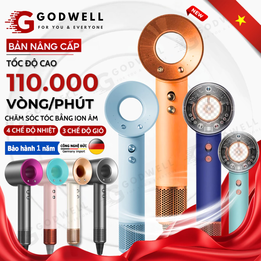 Máy Sấy Tóc ION Âm, Sấy Không Cánh 2 Chiều Nóng Lạnh, 3 Chế Độ Sấy Mạnh, Công Suất Lớn Tặng Đầu Sấy