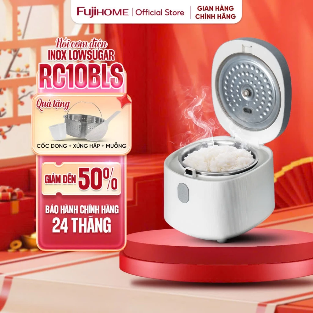 Nồi cơm điện tử 1 Lít cảm ứng 8 chế độ nấu Fujihome RC10BLS lòng nồi Inox tách đường, nồi cơm điện gia đình 2–4 người