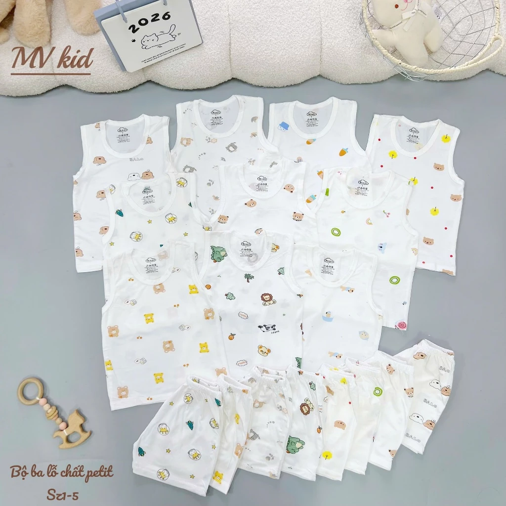Set 3-5 Bộ ba lỗ mùa hè chất thun peptit mềm mại thoáng mát nền trắng in họa tiết cho bé từ 3-13kg
