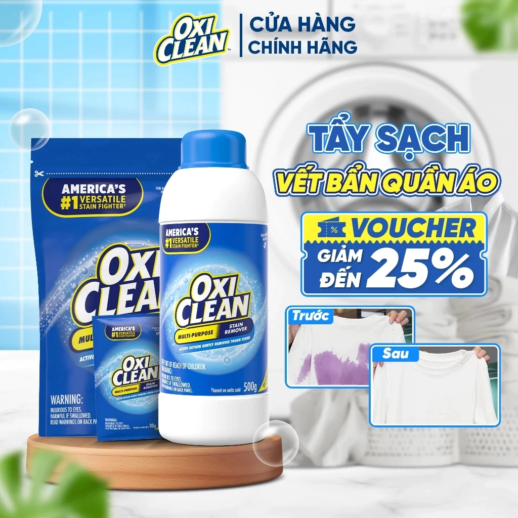 Bột tẩy quần áo Oxiclean giúp tẩy trắng vết bẩn ố vàng, vết bẩn lâu ngày, không làm phai màu quần áo