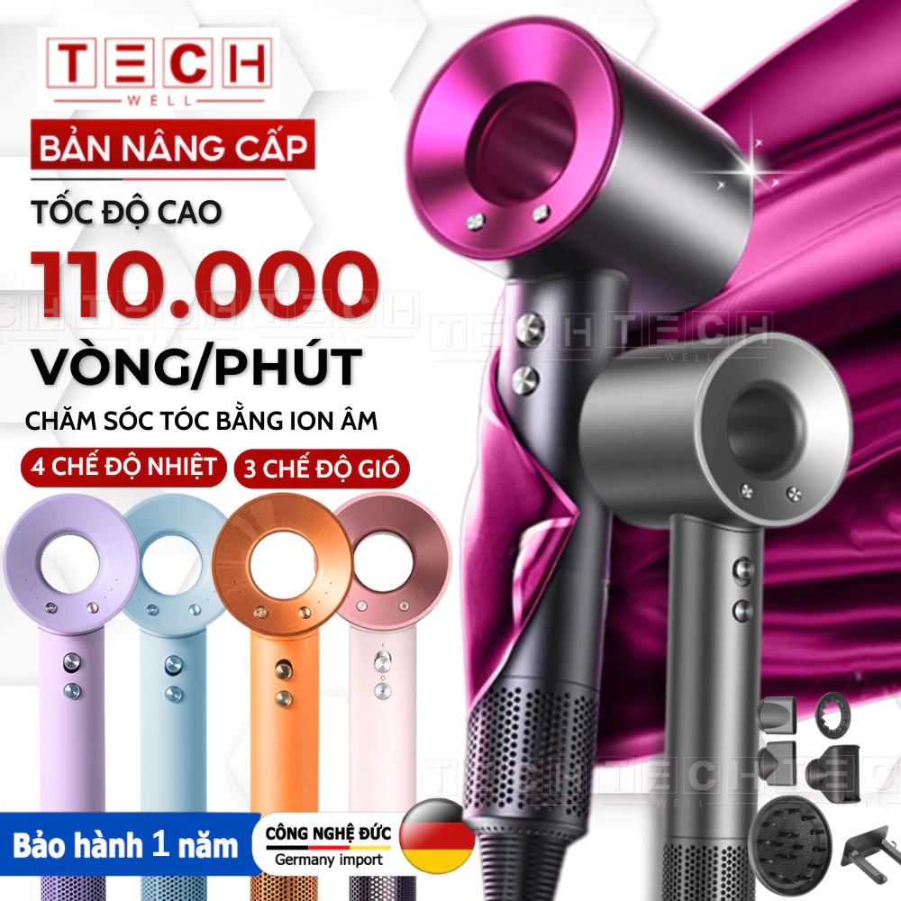 Máy Sấy Tóc ION Âm Không Cánh 2 Chiều Nóng Lạnh, 3 Mức Gió Công Suất Cao Tặng Kèm Đầu Sấy Tạo Kiểu