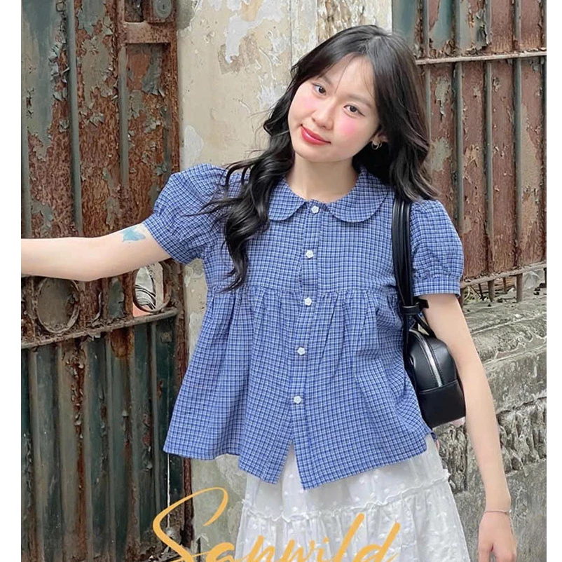 Áo Babydoll Kẻ Caro Cổ Sen Tay Bồng Chất Thô Cotton, Áo Sơ Mi Nữ Kiểu Dễ Thương Phong Cách Hàn Quốc New 2026