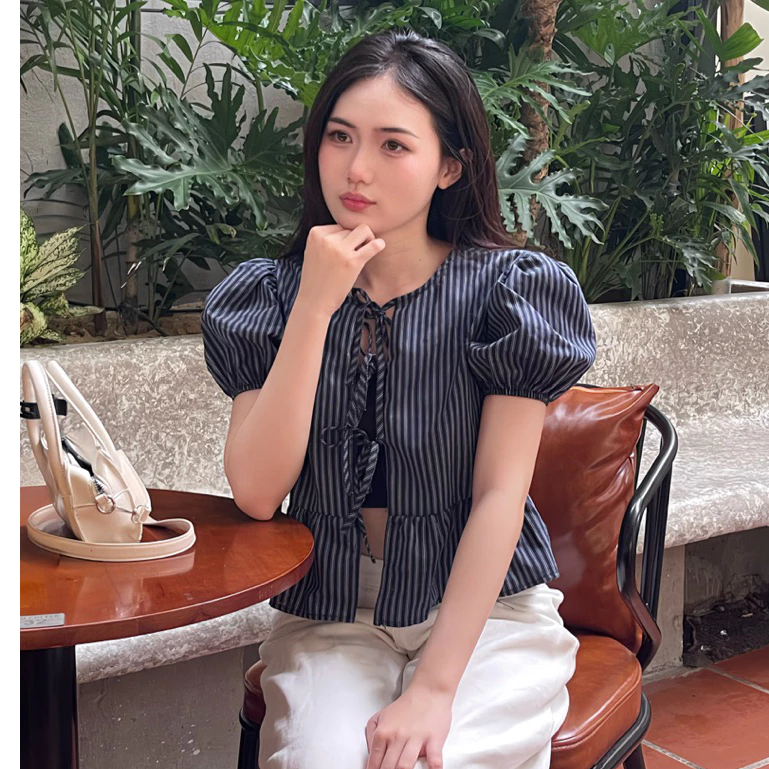Áo BabyDoll Kẻ Buộc Nơ Nana Nana Dáng Xoè Phong Cách Hàn Quốc, Áo Kiểu Nữ Đi Chơi Đi Làm