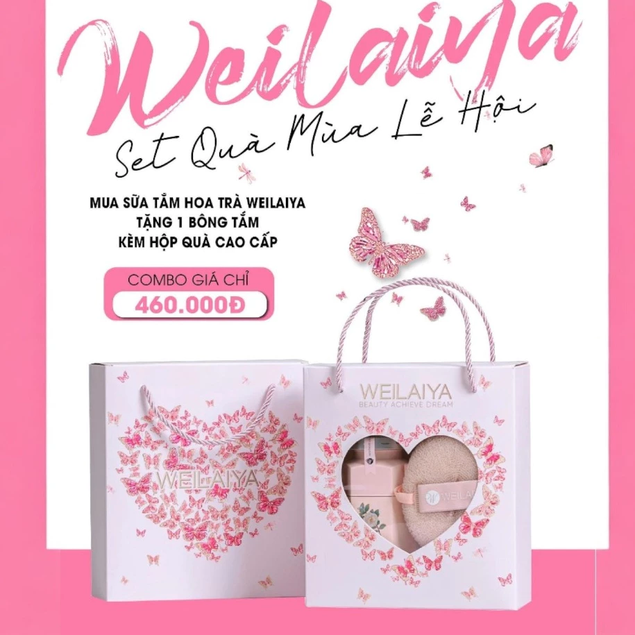 Hộp quà tặng QUAI XÁCH Sữa tắm nước hoa dưỡng da Weilaiya & Bông tắm