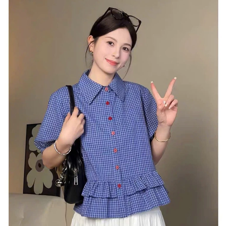 Áo Sơ Mi Nữ Kẻ Caro Cúc Đỏ Form Babydoll Chất Thô Cotton, Áo Sơ Mi Kiểu Dài Tay Phong Cách Hàn Quốc New 2026