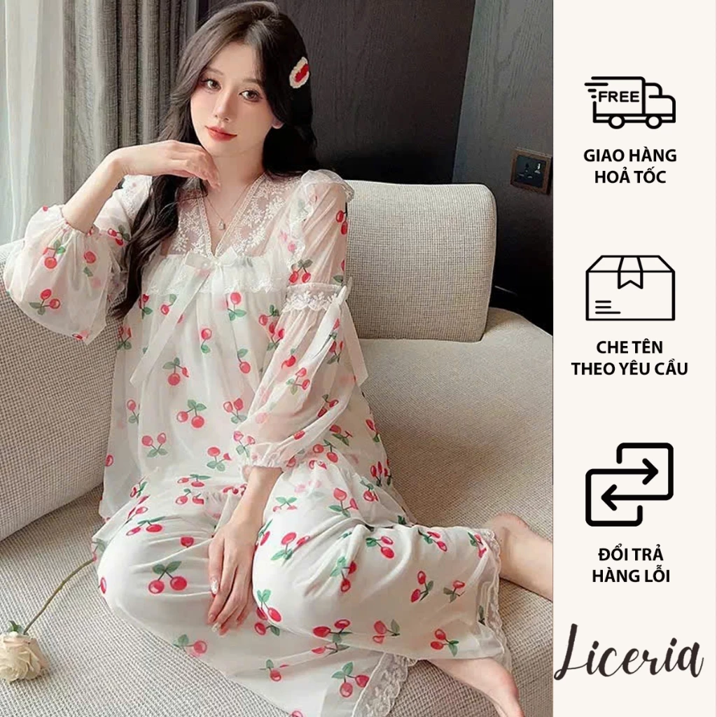 Bộ Đồ Ngủ Áo Dài Quần Lửng LICERIA 2600 Hoạ Tiết Chất Voan Lưới Mềm Mại Có Đệm Ngực Phong Cách Tiểu Thư Sang Chảnh .