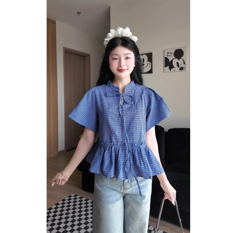 Áo Nữ Kẻ Caro Cổ Tàu Buộc Nơ Form Babydoll Chất Thô Cotton, Áo Sơ Mi Kiểu Dài Tay Dáng Croptop Phong Cách Hàn Quốc 2027