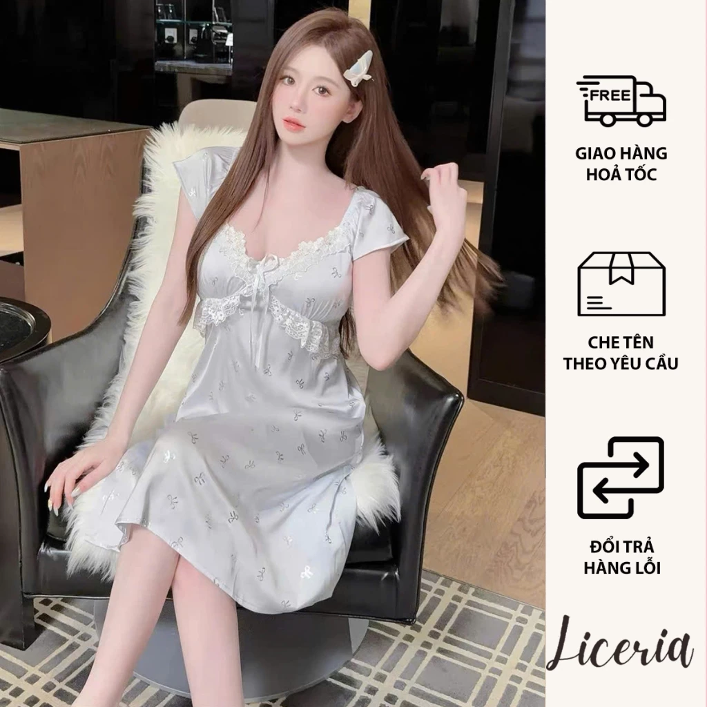 Váy Ngủ LICERIA Chất Lụa Băng Tay Ngắn Có Đệm Ngực Hoạ Tiết Nơ Phối Ren Phong Cách Tiểu Thư Dễ Thương