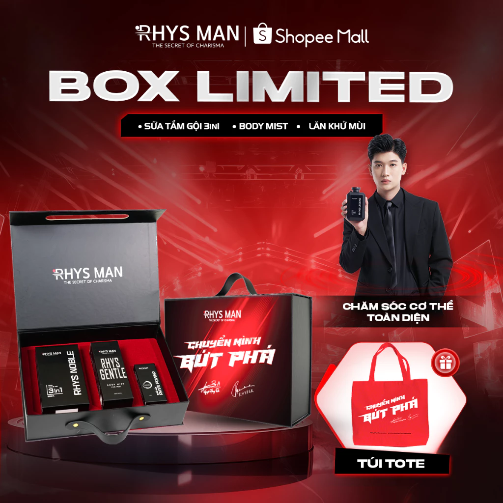 Box giới hạn - Sữa tắm gội nam 3in1 Rhys Legend 350ml & Body mist 120ml & Lăn khử mùi 50ml Rhys Man