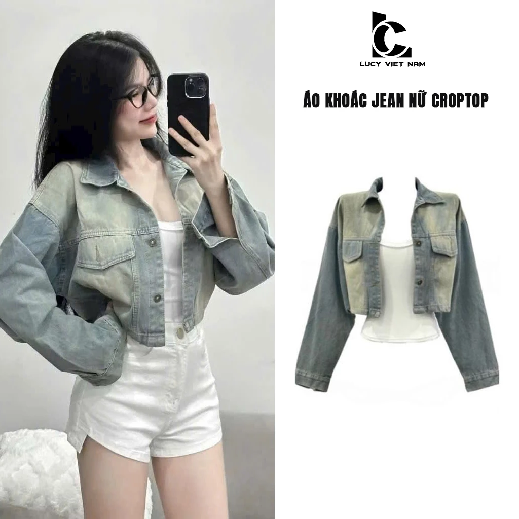 Áo Khoác Jean Croptop Nữ Xanh Wash Denim Jacket Lửng AVO AVOCADO Form Rộng Phong Cách Hàn Quốc
