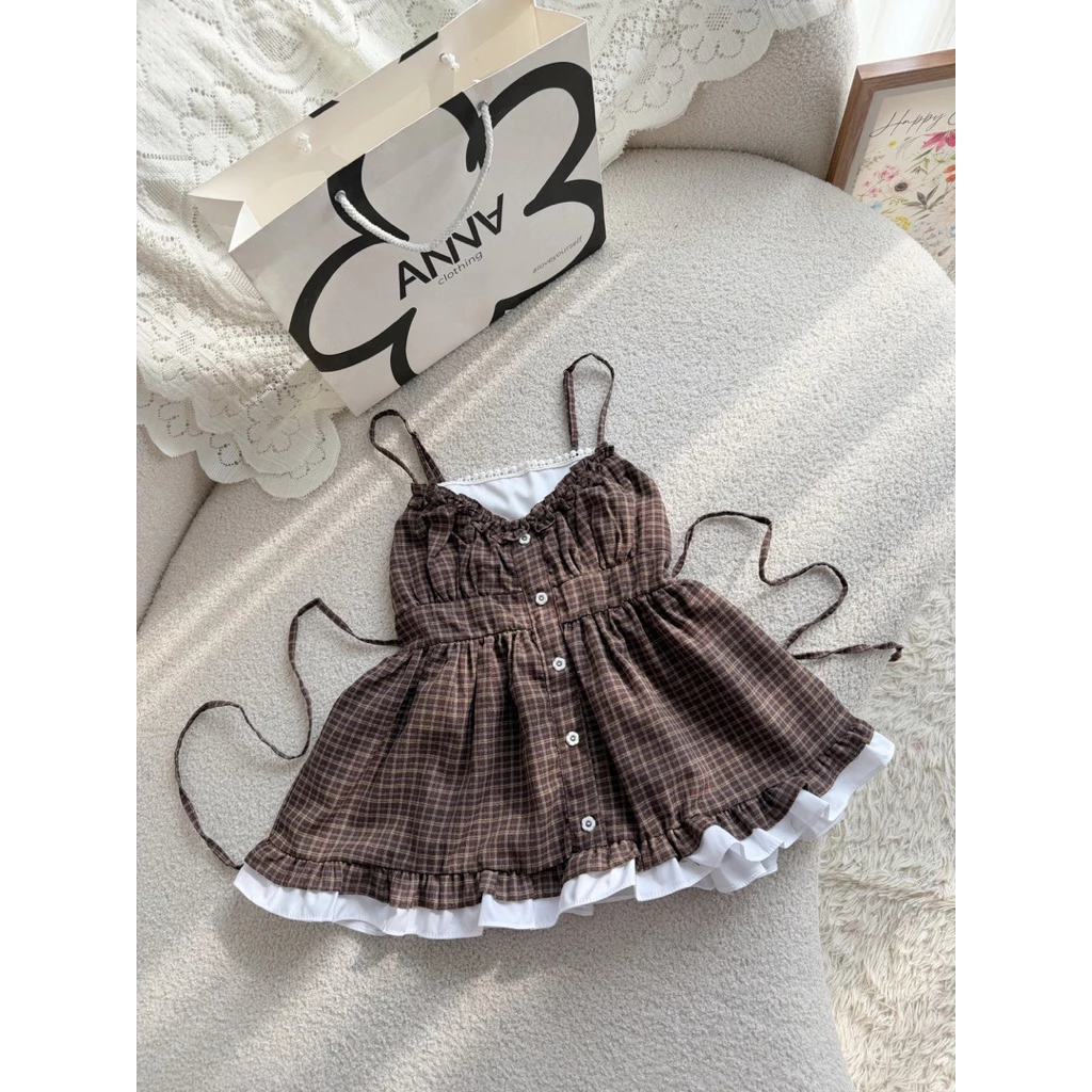 Áo Kiểu Nữ Hai Dây Caro Nâu Anna - Abby Top