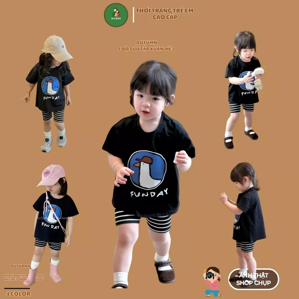 Bộ Đồ Bé Gái DILOVE Phong Cách Hàn Quốc Chất Liệu Cotton Co Giãn Thoáng Mát Quần Áo Cho Bé - Mã N5 - Đen con vịt