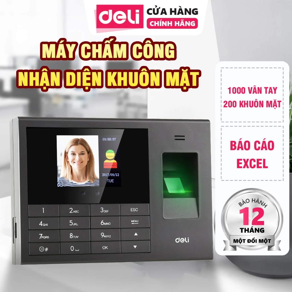 Máy Chấm Công DELI Máy Quét Vân Tay Và Nhận Dạng Khuôn Mặt - Hỗ Trợ Tiếng Việt, Báo Cáo Excel