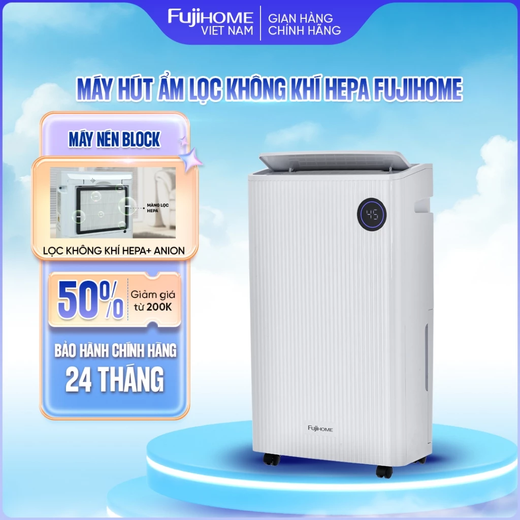 Máy hút ẩm lọc không khí HEPA FUJIHOME DH25NW-HEPA nhập khẩu gia đình, kết nối WIFI chống nồm ẩm tiết kiệm điện năng